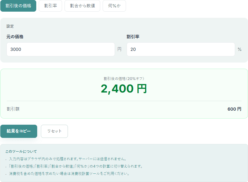 割合計算ツールの操作画面。元の価格3000円と割引率20%を入力し、割引後の価格2,400円と割引額600円が表示されている